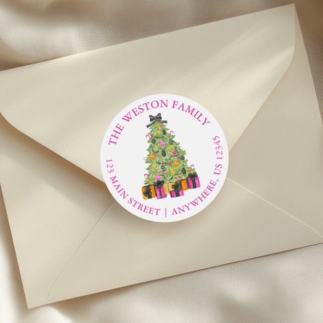 Watercolor Preppy Bright Christmas Tree Address Classic Round Sticker (Creator Uploaded)