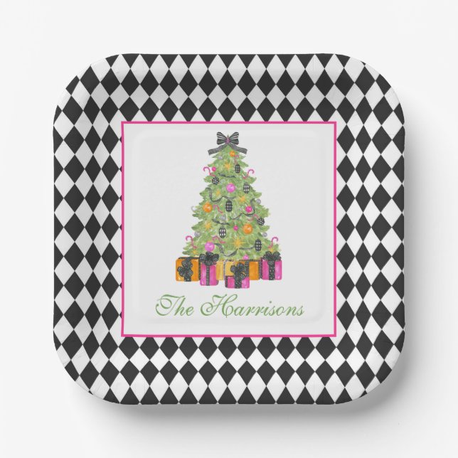 Watercolor Preppy Bright Christmas Tree Paper Plate (Front)