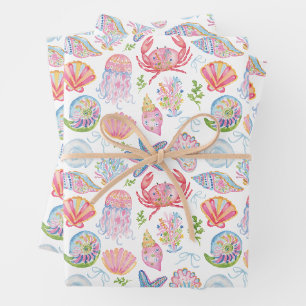 Watercolor Preppy Coastal Merry & Bright Wrapping Paper Sheet