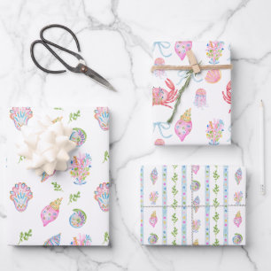 Watercolor Preppy Coastal Merry & Bright Wrapping Paper Sheet