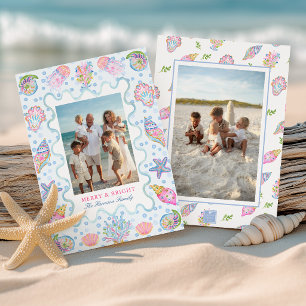 Watercolor Preppy Coastal Merry Christmas Photo Holiday Card