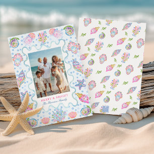 Watercolor Preppy Coastal Merry Christmas Photo Holiday Card
