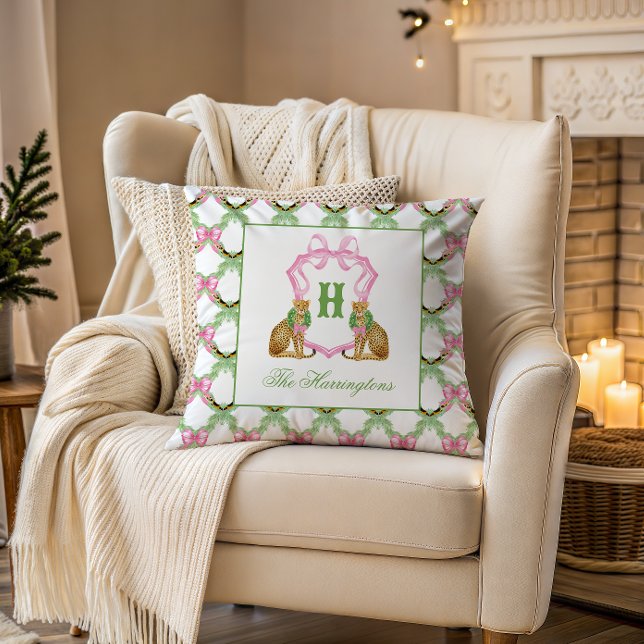 Watercolor Preppy Leopard Christmas Monogram Crest Cushion (Creator Uploaded)