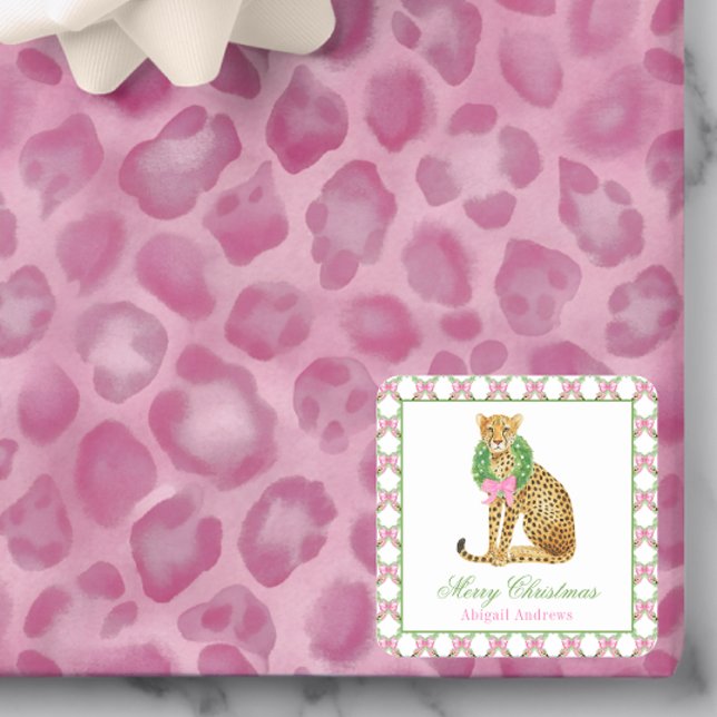 Watercolor Preppy Leopard Christmas Square Sticker (Creator Uploaded)