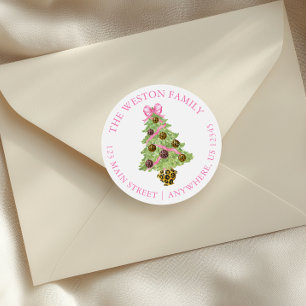 Watercolor Preppy Leopard Christmas Tree Address Classic Round Sticker