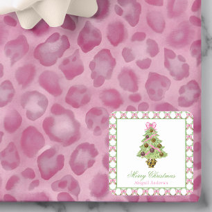 Watercolor Preppy Leopard Christmas Tree Square Sticker