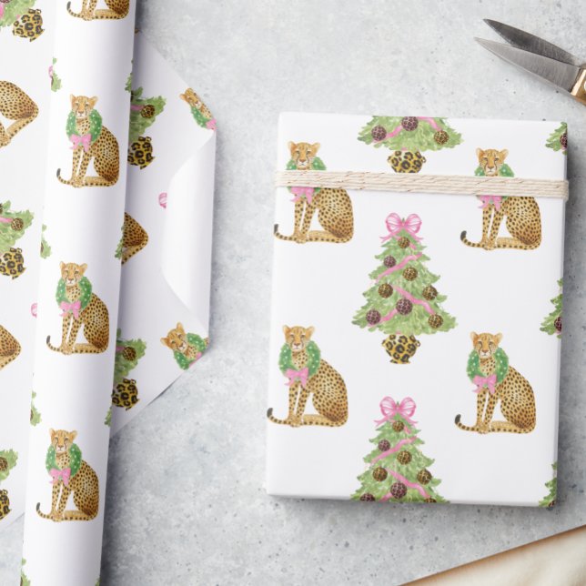 Watercolor Preppy Leopard Christmas Tree Wrapping Paper (Creator Uploaded)