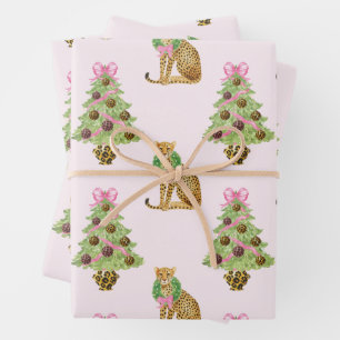 Watercolor Preppy Leopard Christmas Tree Wrapping Paper Sheet