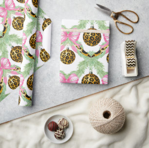Watercolor Preppy Leopard Garland Christmas Wrapping Paper
