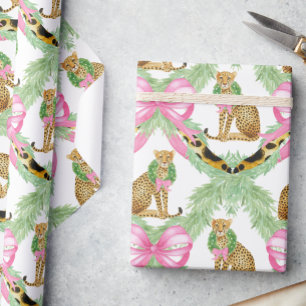 Watercolor Preppy Leopard Garland Christmas Wrapping Paper