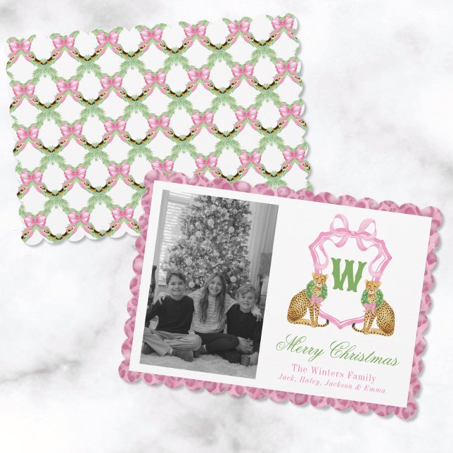 Watercolor Preppy Leopard Monogram Crest Photo Holiday Card (Creator Uploaded)