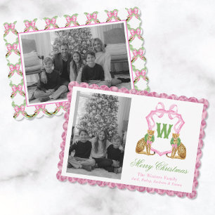 Watercolor Preppy Leopard Monogram Crest Photo Holiday Card