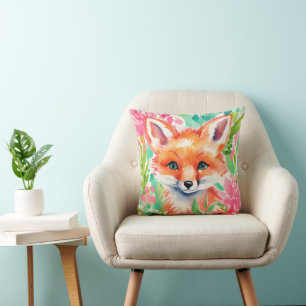 Watercolor Preppy Palm Beach Fox in Flowers Cushion