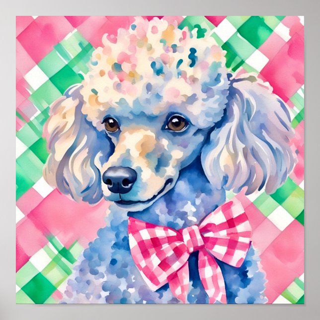 Watercolor Preppy Palm Beach Gingham Poodle Dog Poster (Front)