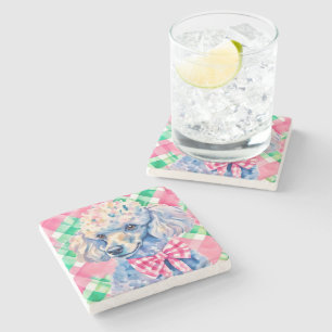 Watercolor Preppy Palm Beach Gingham Poodle Dog Stone Coaster