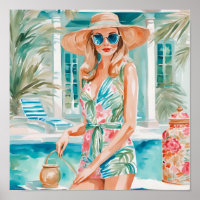Watercolor Preppy Palm Beach Girl at the Pool