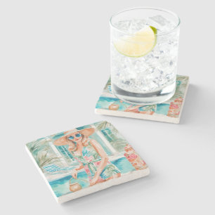 Watercolor Preppy Palm Beach Girl at the Pool Stone Coaster