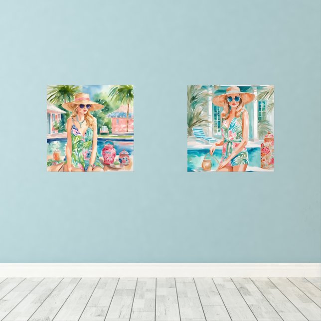Watercolor Preppy Palm Beach Girls at the Pool (Wood Floor)