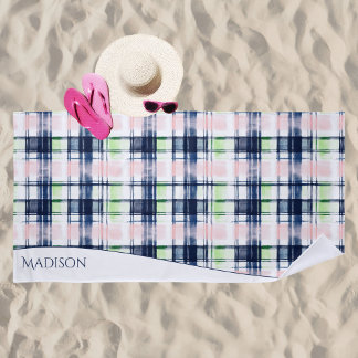 Watercolor Preppy Plaid Blue Pink Custom Name  Beach Towel