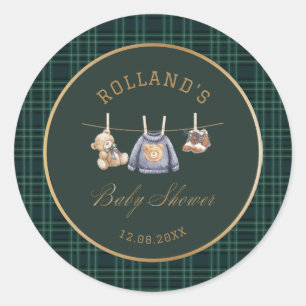 Watercolor preppy plaid teddy bear baby shower Classic Round Sticker