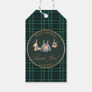  Watercolor preppy plaid teddy bear baby shower Gift Tags