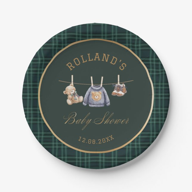  Watercolor preppy plaid teddy bear baby shower Paper Plate (Front)