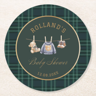 Watercolor preppy plaid teddy bear baby shower Round Paper Coaster