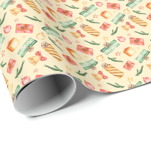 Watercolor Presents and Bells on Yellow Christmas Wrapping Paper (Roll Corner)