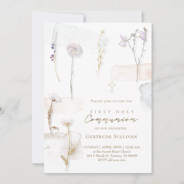 watercolor pressed flowers First Holy Communion Invitation (Front)