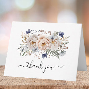 Watercolor Pretty Beige Blue Flowers Floral Folded Thank You Card