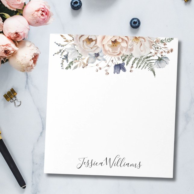 Watercolor Pretty Beige Blue Personalised Floral Notepad (In situ)