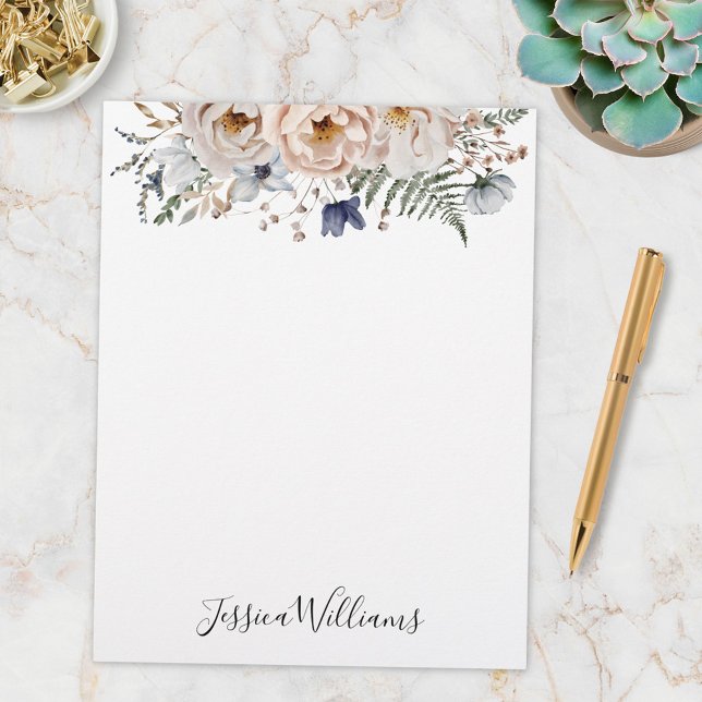 Watercolor Pretty Beige Blue Personalized Floral Custom Letterhead (In situ)