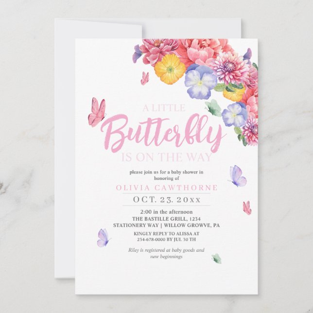 Watercolor Pretty Butterfly Flowers Baby Shower Invitation (Front)