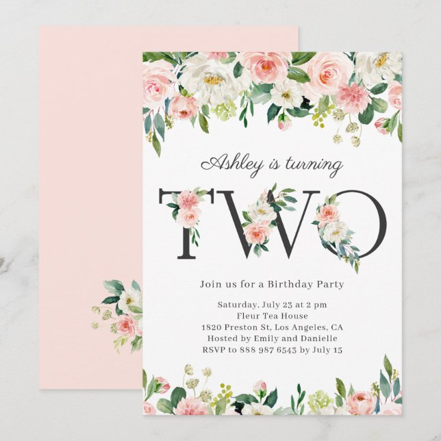Watercolor Pretty Floral Girl Second Birthday Invitation (Front/Back)