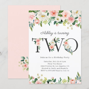 Watercolor Pretty Floral Girl Second Birthday Invitation