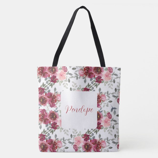 Watercolor Pretty Floral Name Tote Bag (Front)