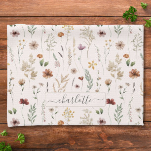 Watercolor Pretty Floral Wild flowers Pattern Tea Towel