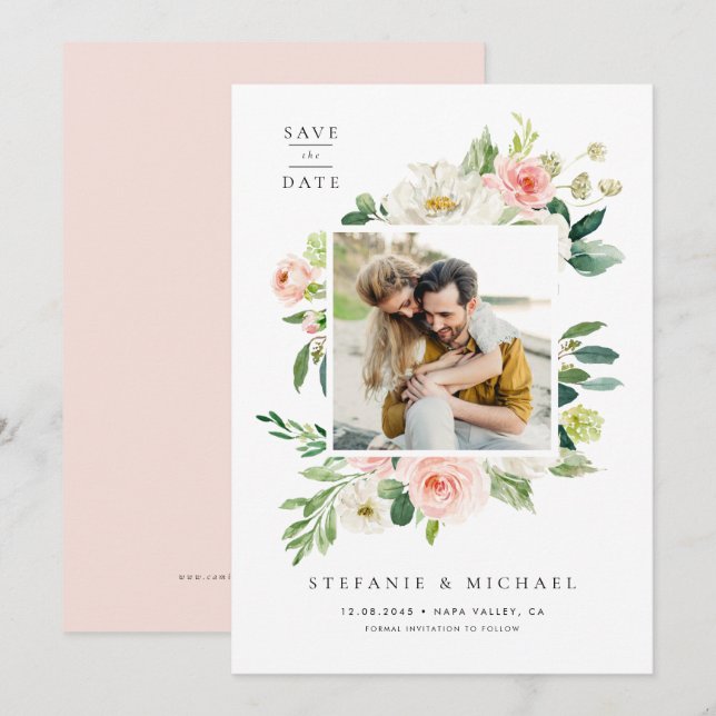 Watercolor Pretty Garden Flowers Photo Save The Date (Front/Back)