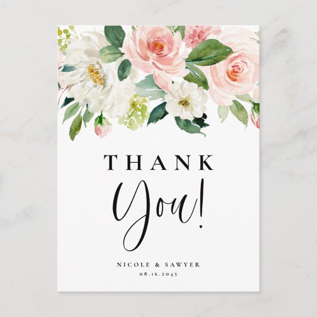 Watercolor Pretty Garden Flowers Wedding Thank You Postcard (Front)