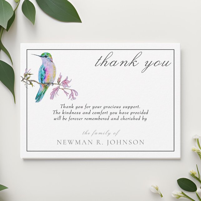 Watercolor Pretty Hummingbird Memorial Thank You Card (Creator Uploaded)