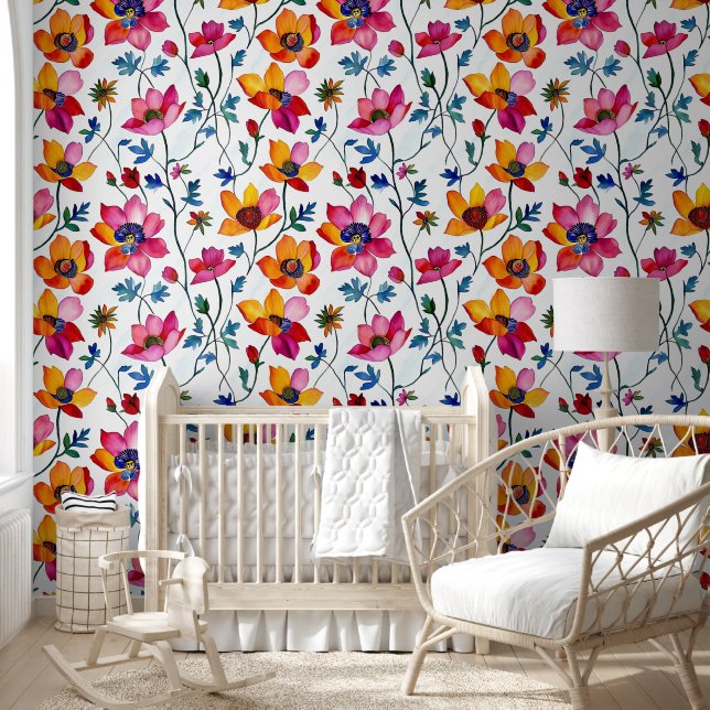 Watercolor Pretty Pink and Yellow Floral  Wallpaper (Kids)