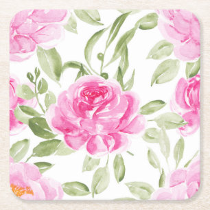Watercolor Pretty Pink Peonies Pattern Square Paper Coaster