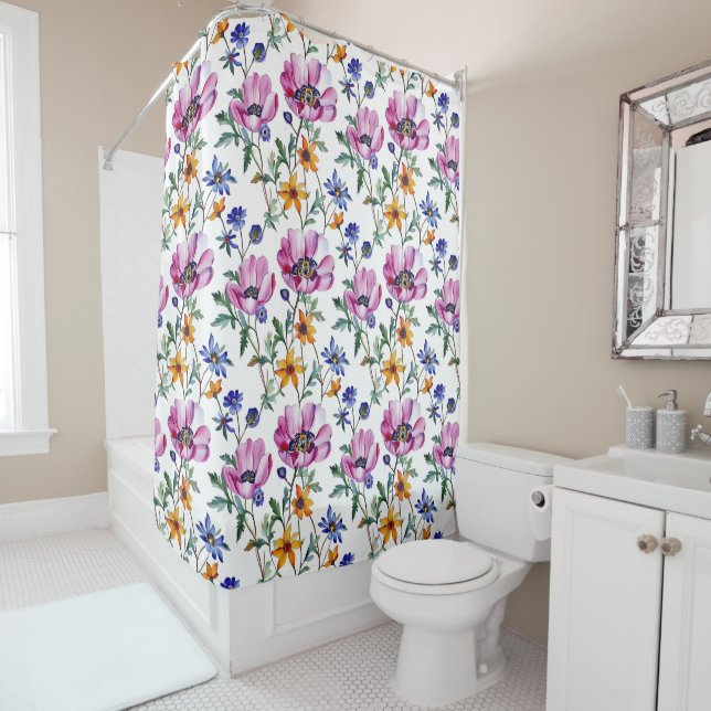 Watercolor Pretty Purple and Yellow Floral  Shower Curtain (In Situ)