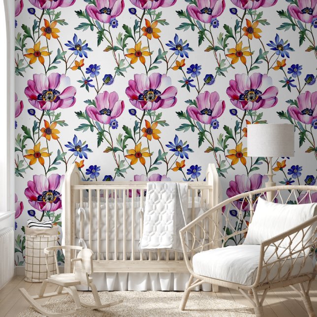 Watercolor Pretty Purple and Yellow Floral  Wallpaper (Kids)