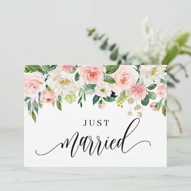 Watercolor Pretty Spring Flowers Just Married Announcement (Standing Front)