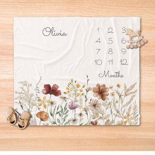 Watercolor Pretty Wildflower Milestone Baby Fleece Blanket