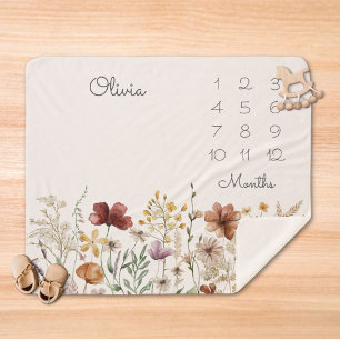 Watercolor Pretty Wildflower Milestone Baby Sherpa Blanket