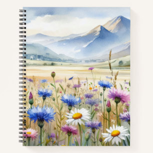 WATERCOLOR PRETTY WILDFLOWER SCENE WITH MOUNTAINS NOTEBOOK