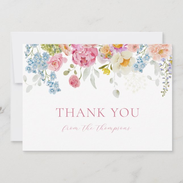 Watercolor Pretty WildFlowers Baby Boy Shower Thank You Card (Front)