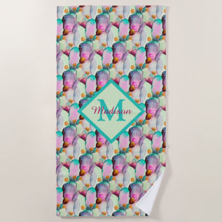 Watercolor Prickly Pear Cactus Flowers Monogram Beach Towel